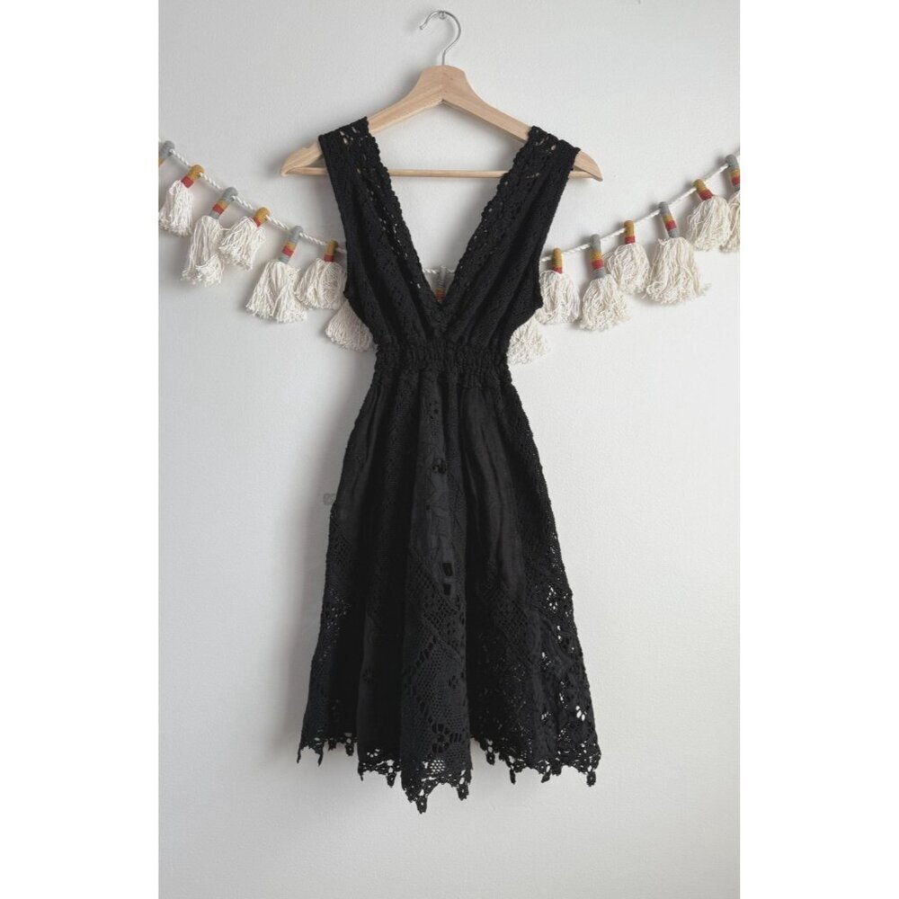 Temptation Positano Black Eyelet Crochet Smocked Mini Dress Coquette Cottage
